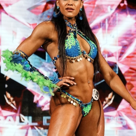 WBFF Bikini Neon Green & Blue with Sleeve - Picture 1 of 4